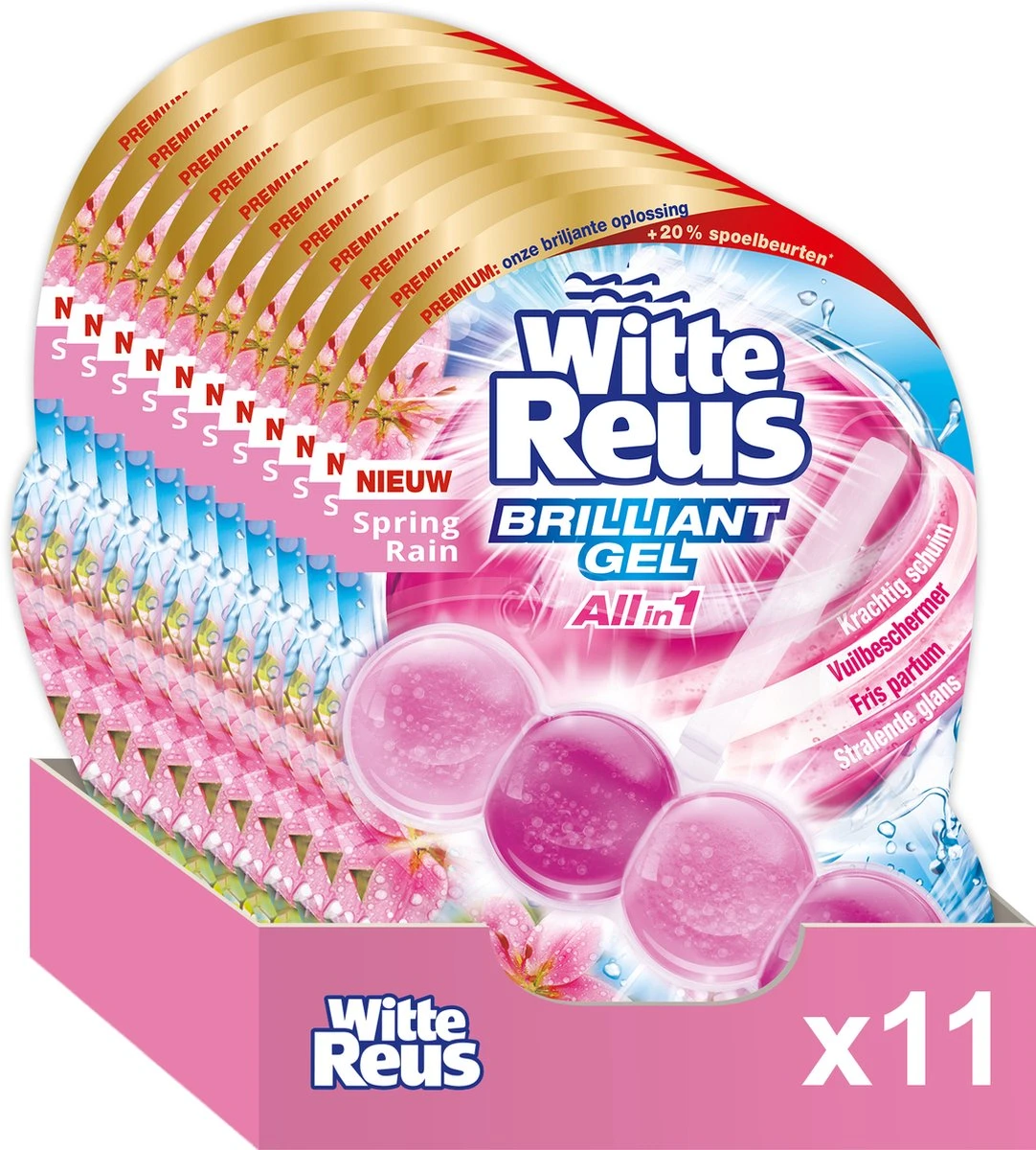 Witte Reus Brilliant Gel Allin1 Toiletblok - Spring Rain - WC Blokjes Voordeelverpakking - 11 Stuks 1 Witte Reus Brilliant Gel Allin1 Toiletblok - Spring Rain - WC Blokjes Voordeelverpakking - 11 Stuks