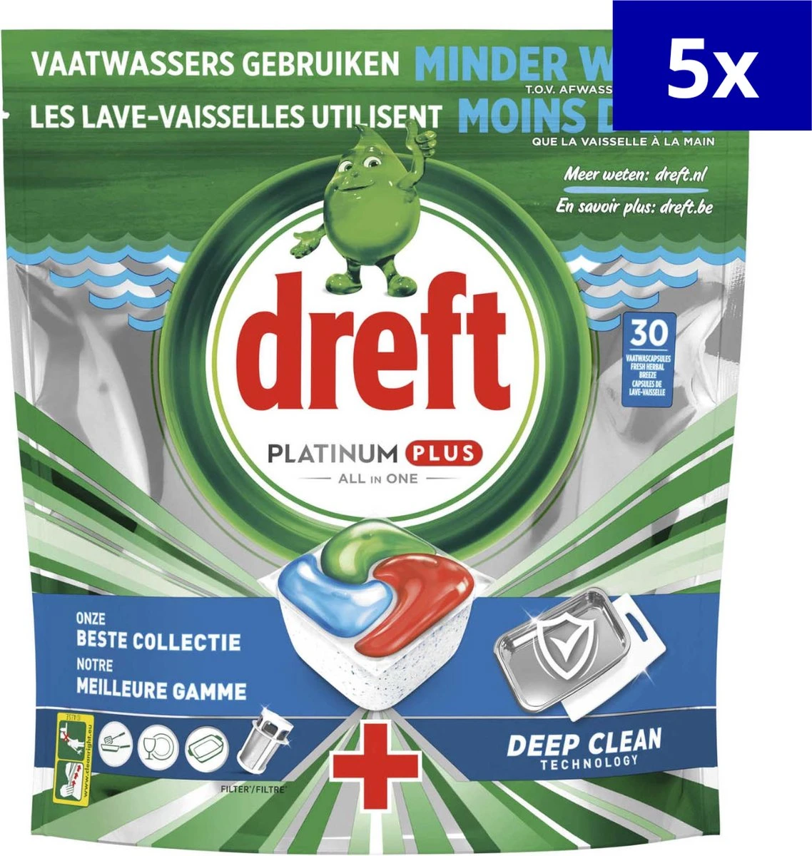 Dreft Platinum Plus All-in-One 150 Stuks (5 X 30 Vaatwastabletten) - Voordeelverpakking 1 Dreft Platinum Plus All-in-One 150 Stuks (5 X 30 Vaatwastabletten) - Voordeelverpakking
