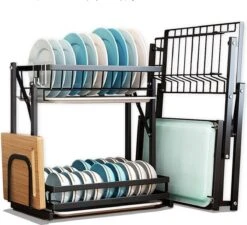 Doogo® Afdruiprek Met Lekbak 2 Laags – Inklapbaar - Muur Hangen Mogelijke - Afwasrek – Met 2 Lekbakken – Extra Accessories Voor Servies En Snijplanken - RVS -Dagelijkse Benodigdheden Winkel 1200x1095