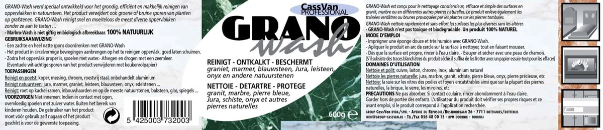 GranoWash REINIGT - ONTKALKT - BESCHERMT Graniet, Marmer, Blauwsteen, Jura, Leisteen, Onyx En Andere Natuurstenen 600g 2 GranoWash REINIGT - ONTKALKT - BESCHERMT Graniet, Marmer, Blauwsteen, Jura, Leisteen, Onyx En Andere Natuurstenen 600g - Afbeelding 2