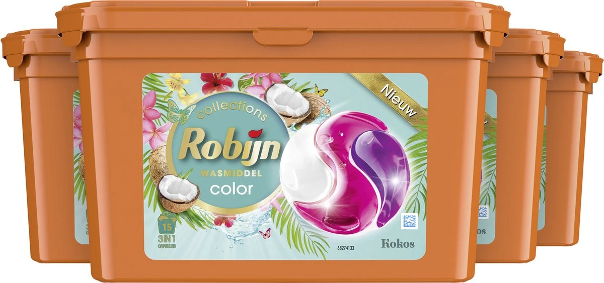 Robijn Kokos 3 In 1 Wascapsules - 4 X 15 Wasbeurten - Voordeelverpakking 2 Robijn Kokos 3 In 1 Wascapsules - 4 X 15 Wasbeurten - Voordeelverpakking - Afbeelding 2