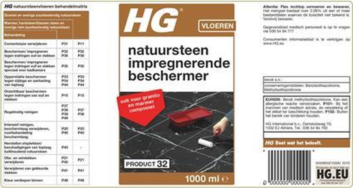 HG Natuursteen Impregnerende Beschermer (HG Product 32) - 1L - Tegen Het Intrekken Van Vuil - Ook Voor Granito En Marmer Composiet 3 HG Natuursteen Impregnerende Beschermer (HG Product 32) - 1L - Tegen Het Intrekken Van Vuil - Ook Voor Granito En Marmer Composiet - Afbeelding 3