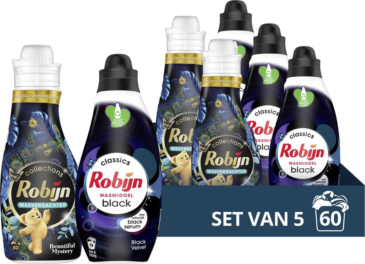 Robijn Robijn Perfect Match Black Velvet & Beautiful Mystery Wasmiddel En Wasverzachter Pakket - 5 Stuks - Voordeelverpakking 1 Robijn Robijn Perfect Match Black Velvet & Beautiful Mystery Wasmiddel En Wasverzachter Pakket - 5 Stuks - Voordeelverpakking