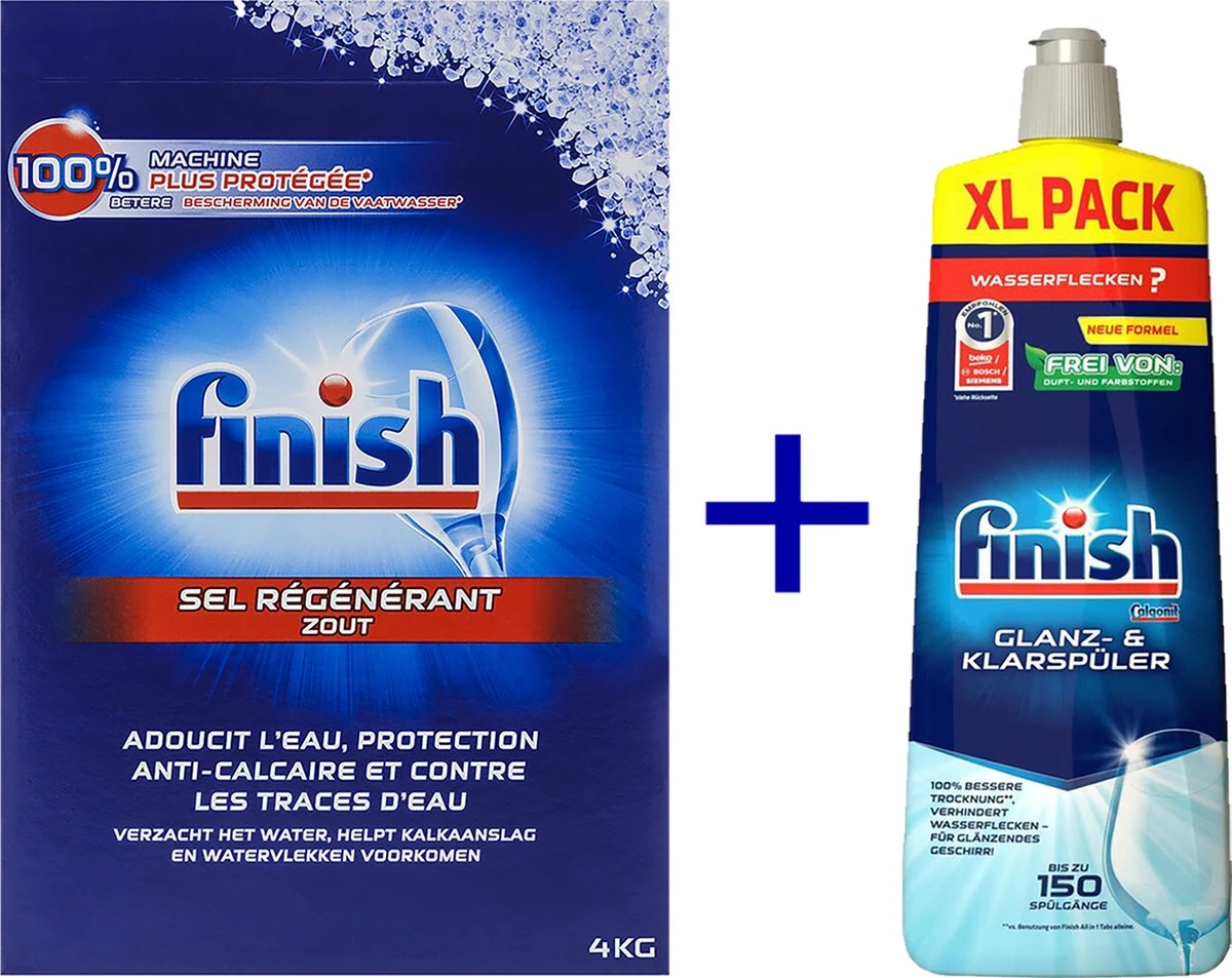 Finish Vaatwaszout 4kg Doos - Zout Voor De Vaatwasser + Finish - Glansspoelmiddel - 800 Ml 1 Finish Vaatwaszout 4kg Doos - Zout Voor De Vaatwasser + Finish - Glansspoelmiddel - 800 Ml