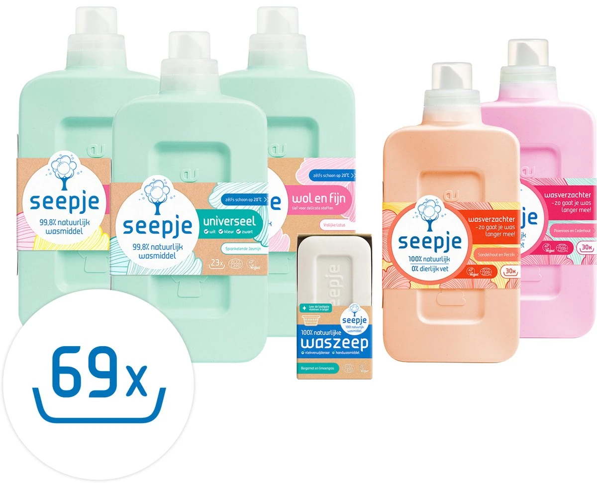 Seepje Wasfeest Pakket - 3 X Wasmiddel - 2 X Wasverzachter - Waszeep - Vlekkenverwijderaar - Natuurlijke Ingredienten - 69 Wasbeurten 1 Seepje Wasfeest Pakket - 3 X Wasmiddel - 2 X Wasverzachter - Waszeep - Vlekkenverwijderaar - Natuurlijke Ingredienten - 69 Wasbeurten