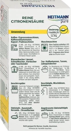 HEITMANN Pure Ontkalker- Citroenzuur Ontkalker, Natuurvriendelijke Kalkreiniger Voor Een Hygiënische Reiniging - Poeder, 1x 350 G -Dagelijkse Benodigdheden Winkel 654x1200