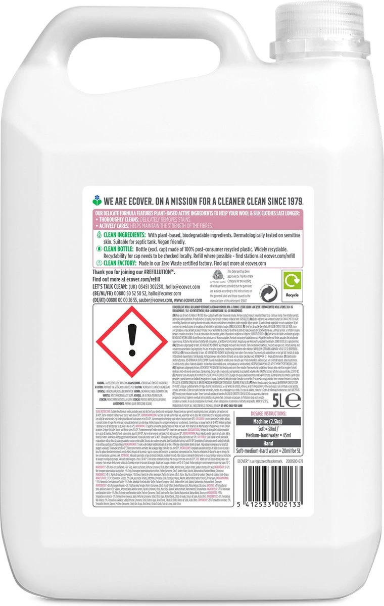 Ecover Wasmiddel - Wol En Zijde Waterlelie & Groene Meloen 110 Wasbeurten - 5L 2 Ecover Wasmiddel - Wol En Zijde Waterlelie & Groene Meloen 110 Wasbeurten - 5L - Afbeelding 2